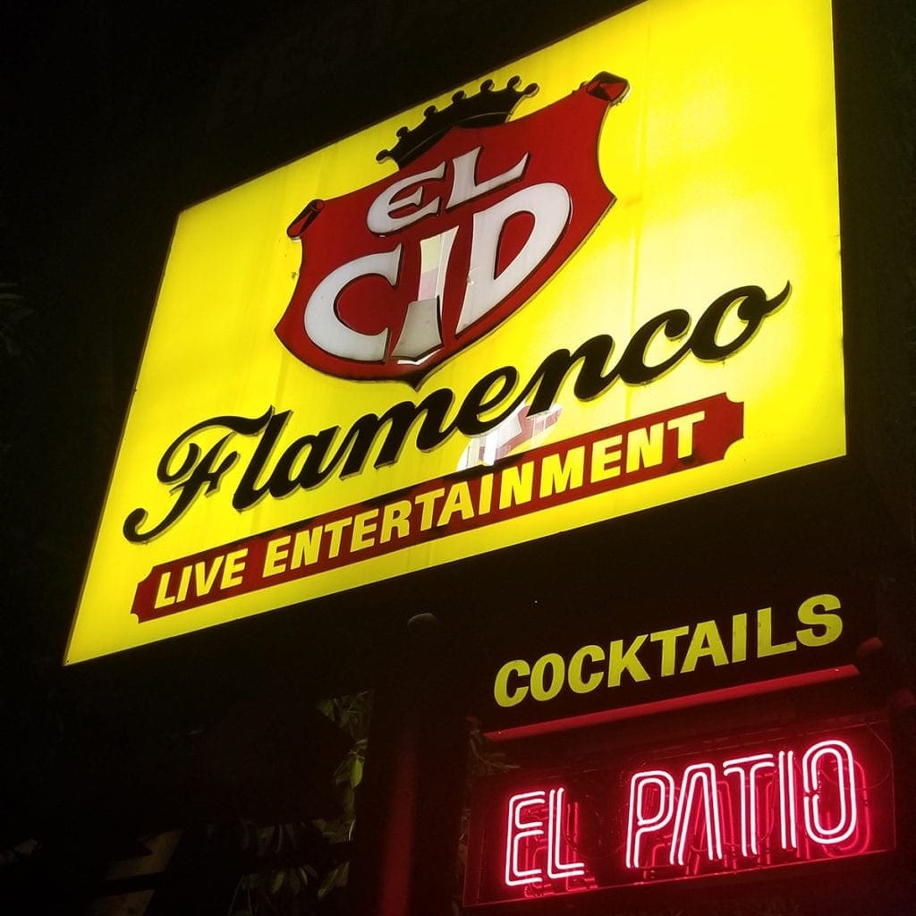 El Cid on Sunset sign at night