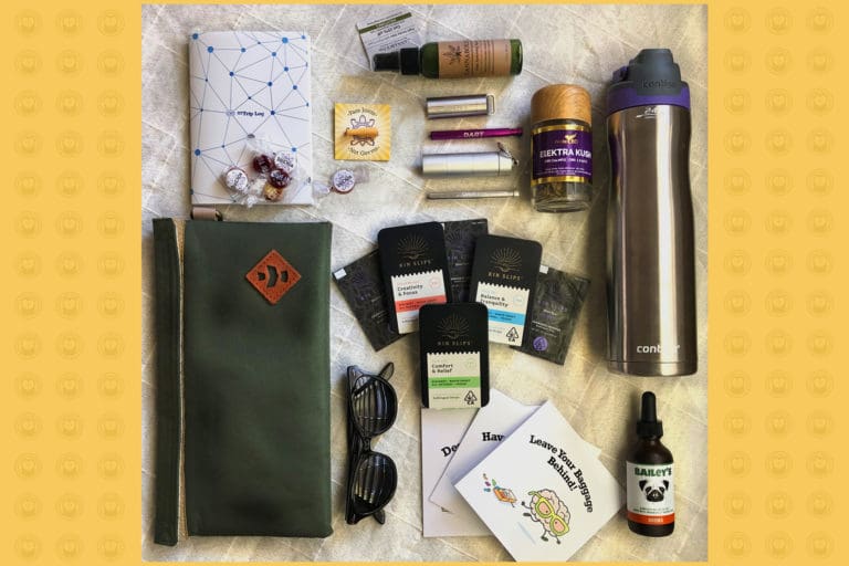 collage of travel bag, sunglasses, greeting cards, journal, cannabis strips, water bottle, smoking accessory, dropper bottle and spray bottle